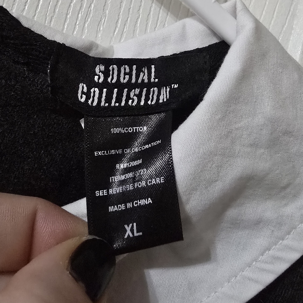 Social Collision Boxy Fit Acid Wash Collared Tee w/ Embroidered Skull Patch. - Picture 9 of 9
